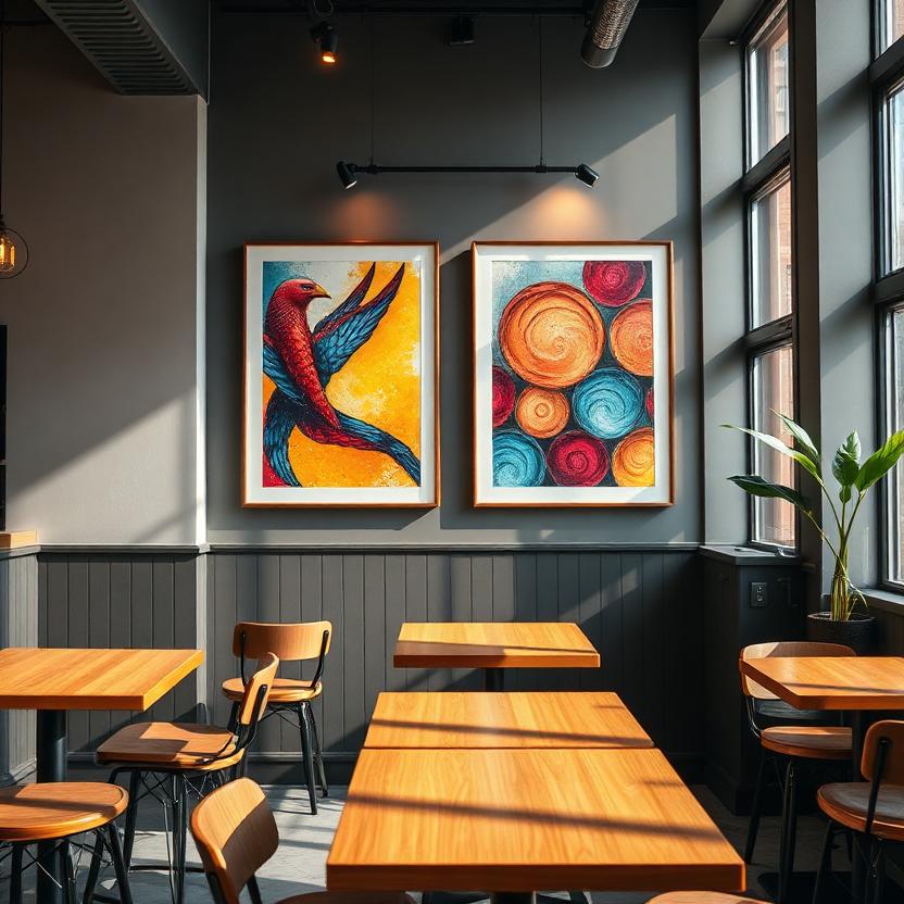 Framed artwork mockup generated on a café wall